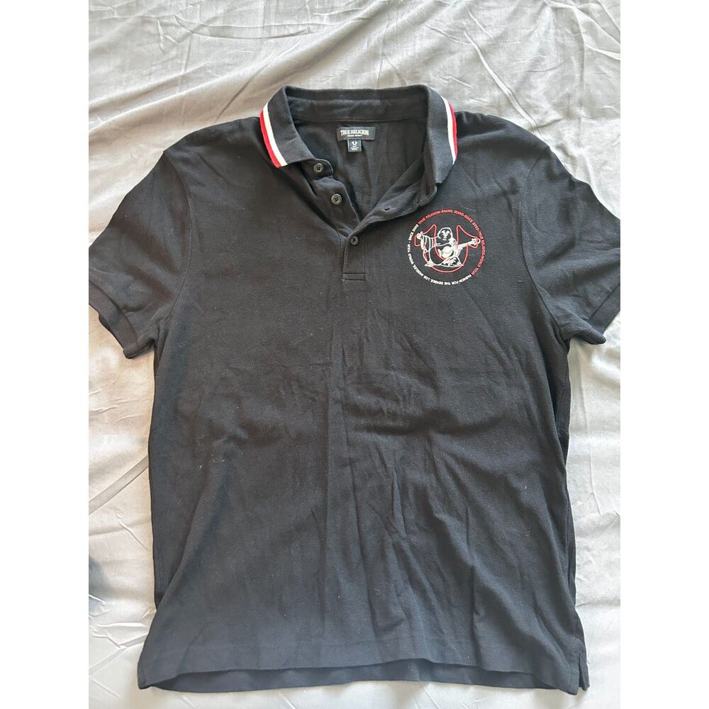 True Religion Buddha Graphic Polo Shirt Black Small Y2K Streetwear Red Horsesho